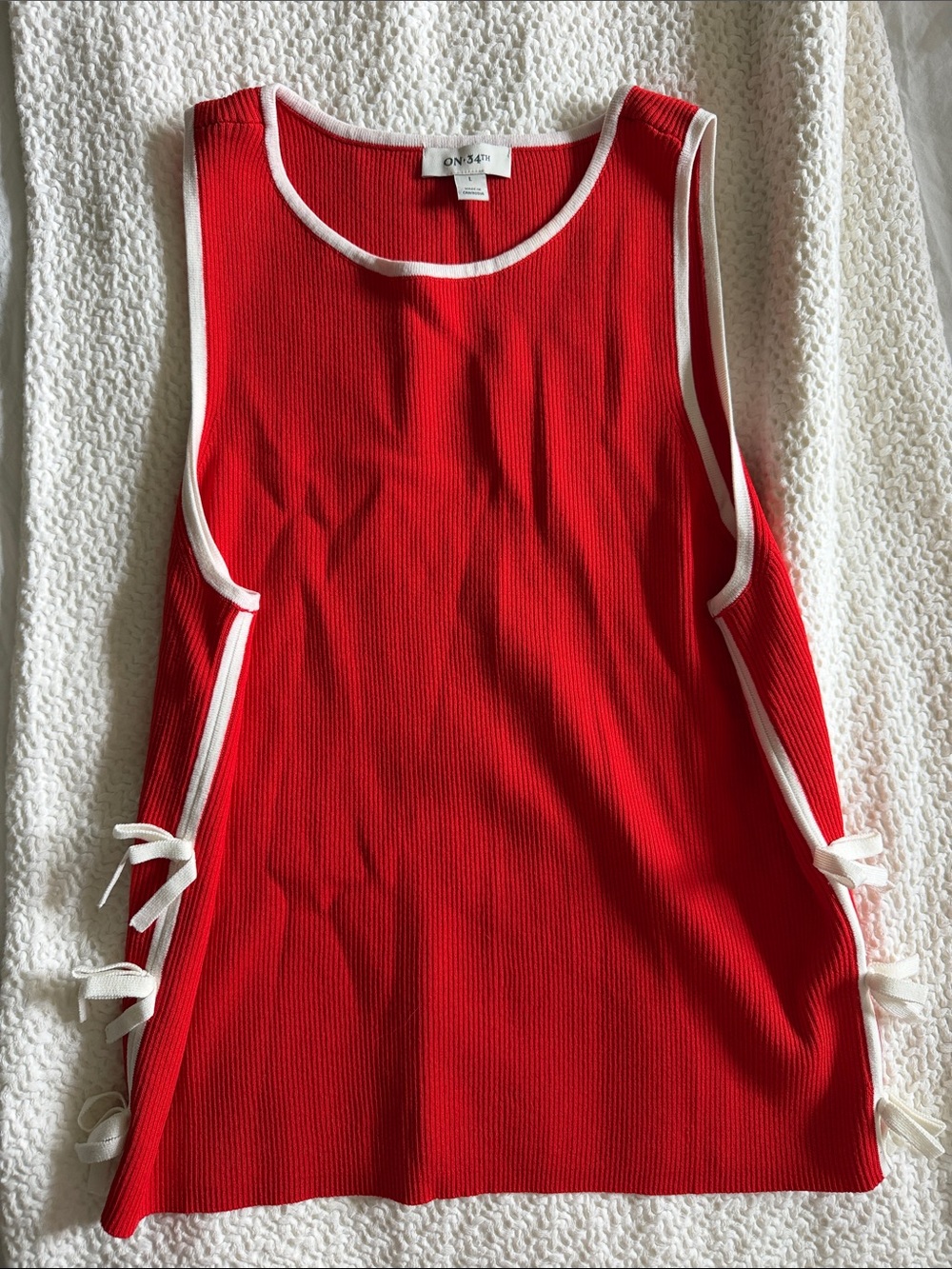 Red Ribbed Tank with White Trim and Side Tie Details